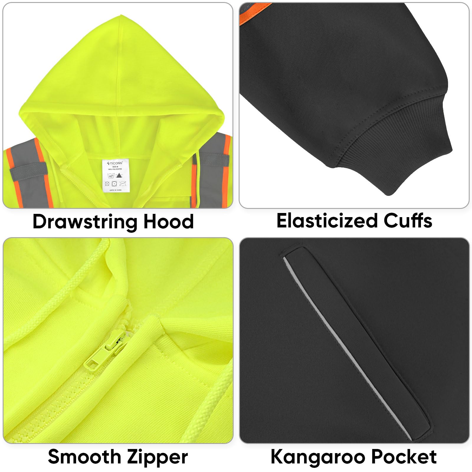 TICONN hi-vis safety hoodie zipper close-up for easy on off and secure fit