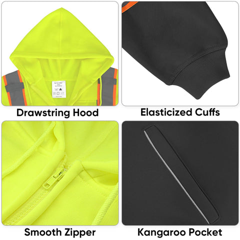 TICONN hi-vis safety hoodie zipper close-up for easy on off and secure fit