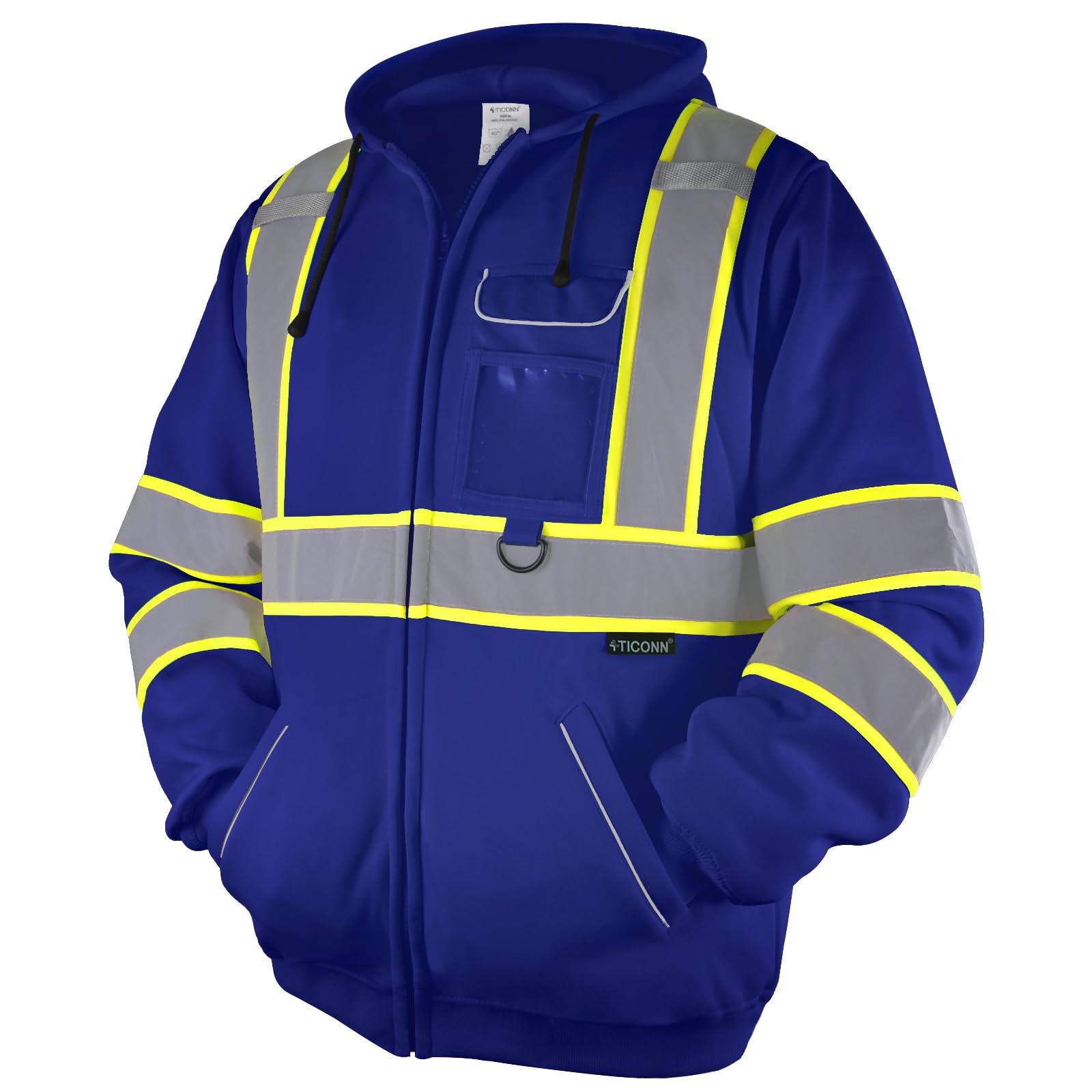TICONN high-visibility hoodie front view with reflective stripes for day and night safety