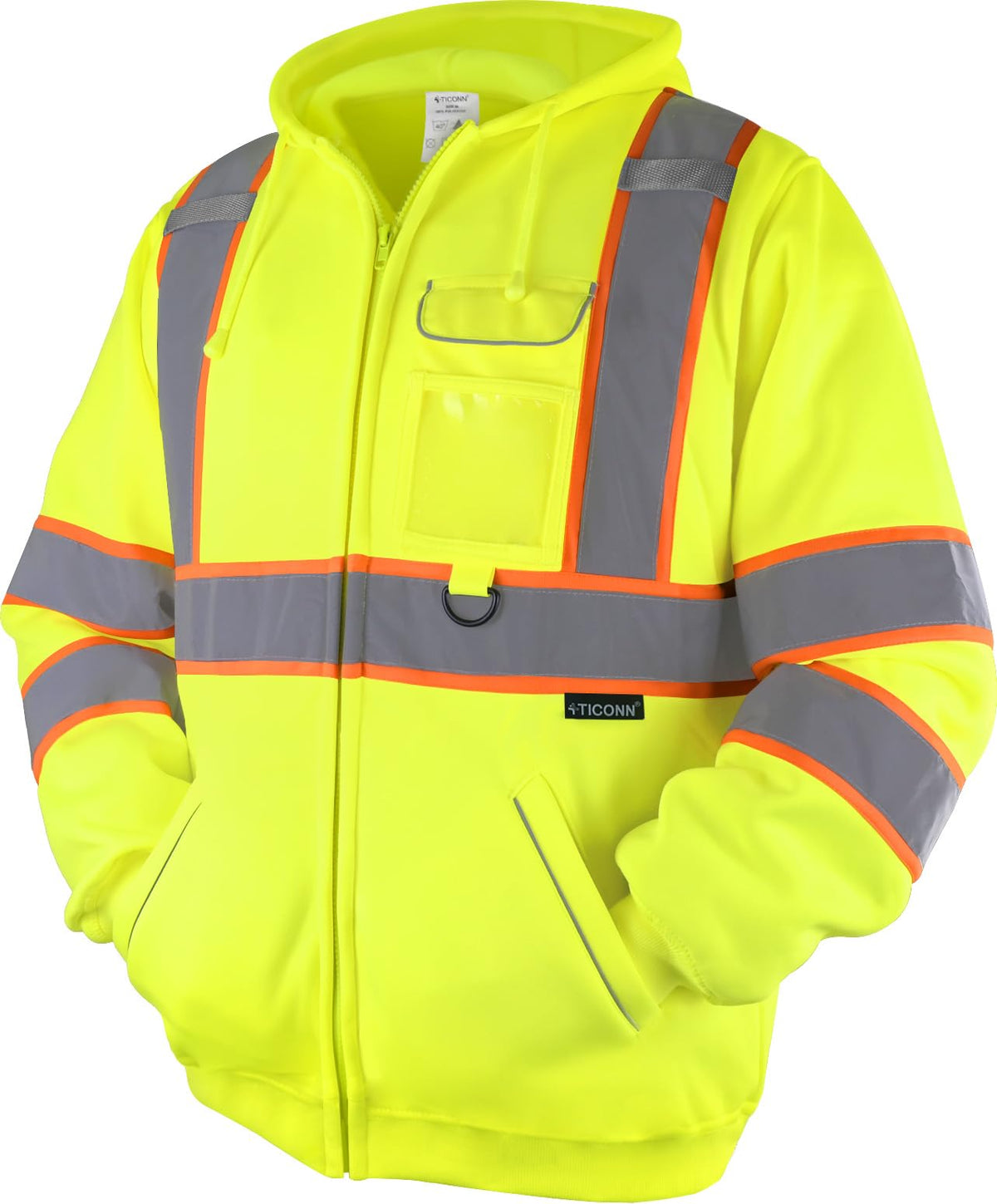 TICONN high-visibility safety hoodie front view with ANSI Class 3 safety features.