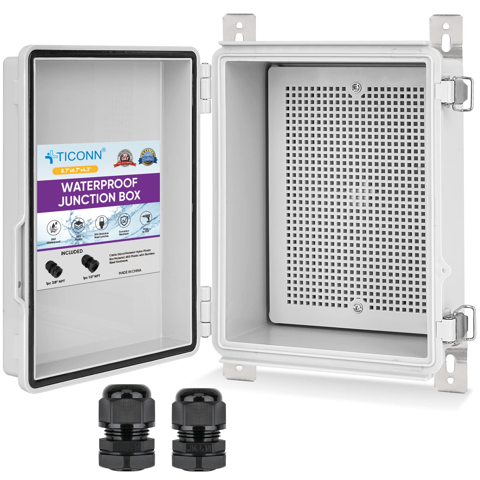 TICONN IP67 waterproof junction box with hinged cover protecting outdoor wiring.