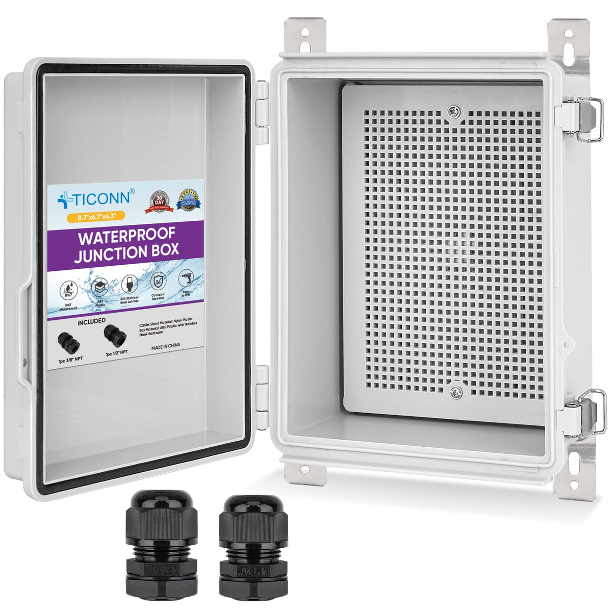 TICONN IP67 waterproof junction box with hinged cover protecting outdoor wiring.