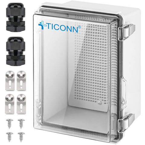 TICONN IP67 junction box with clear lid for weatherproof wiring.