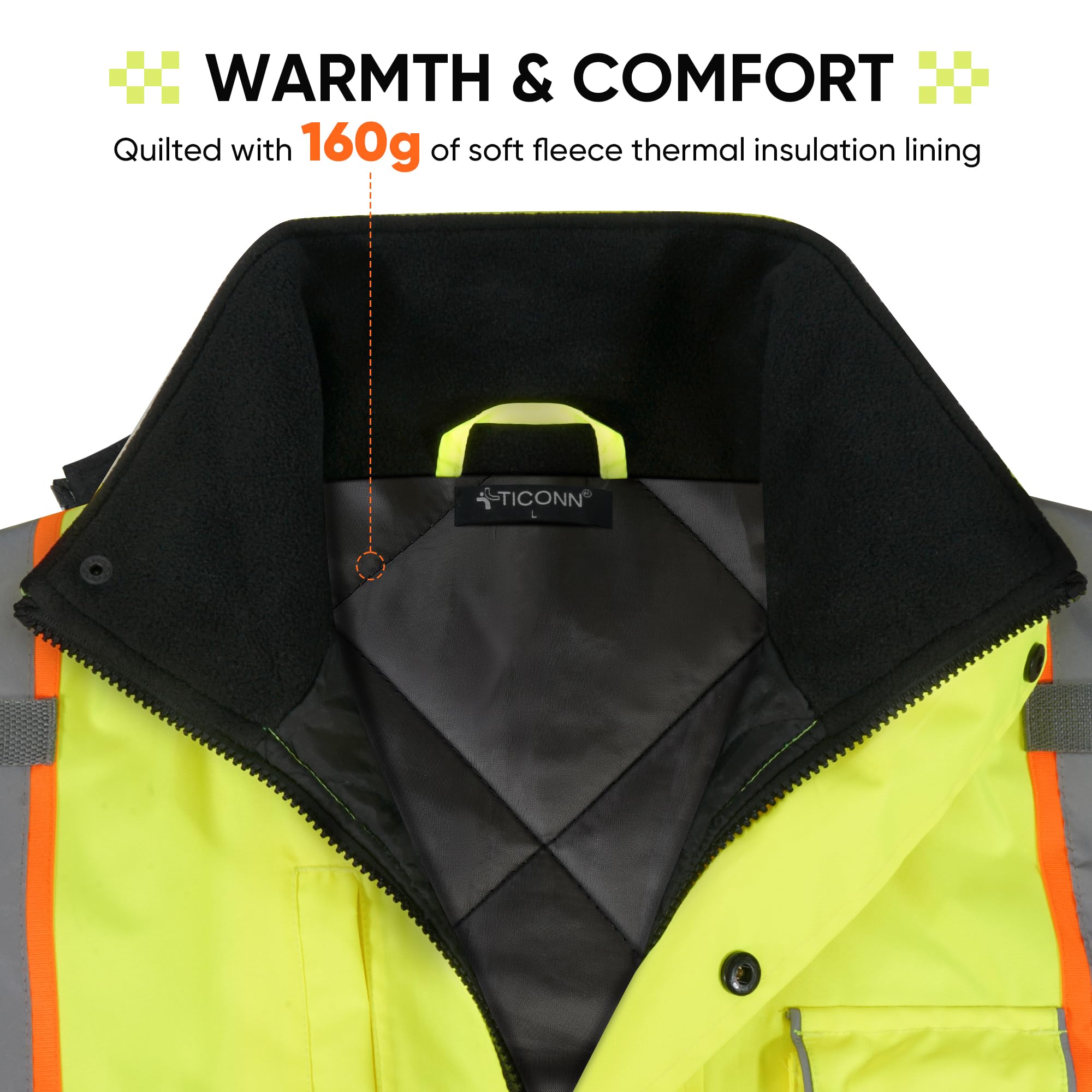 TICONN Kangaroo pocket with zipper provides secure storage for tools on site.