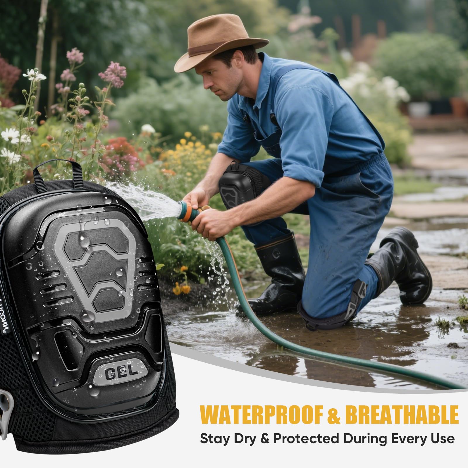 TICONN knee pads with hanging loop for easy drying and storage.