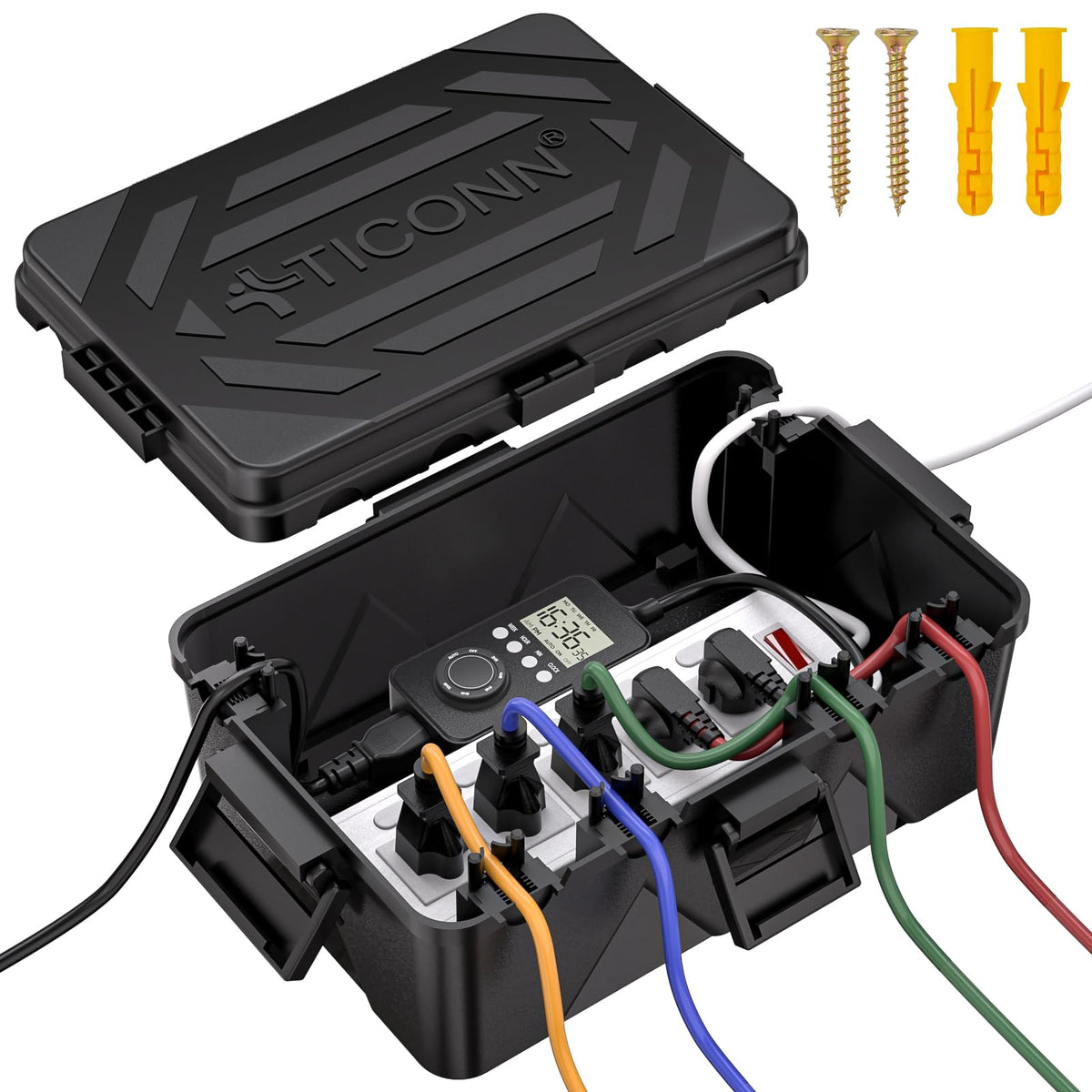 TICONN outdoor electrical box with IP54 splash-proof large cover keeps power connections dry.