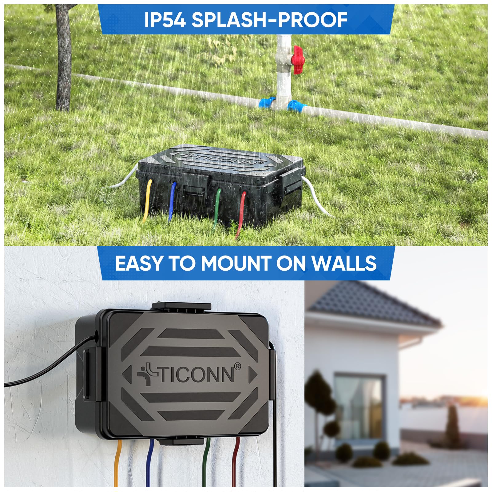TICONN outdoor box wall-mount holes for stable installation.