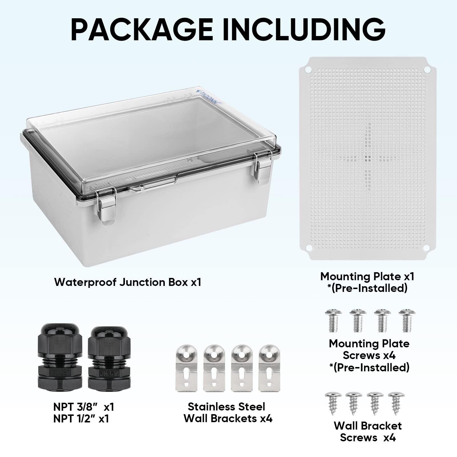 TICONN outdoor enclosure dimensions 13.8 by 9.8 by 5.9 inches.