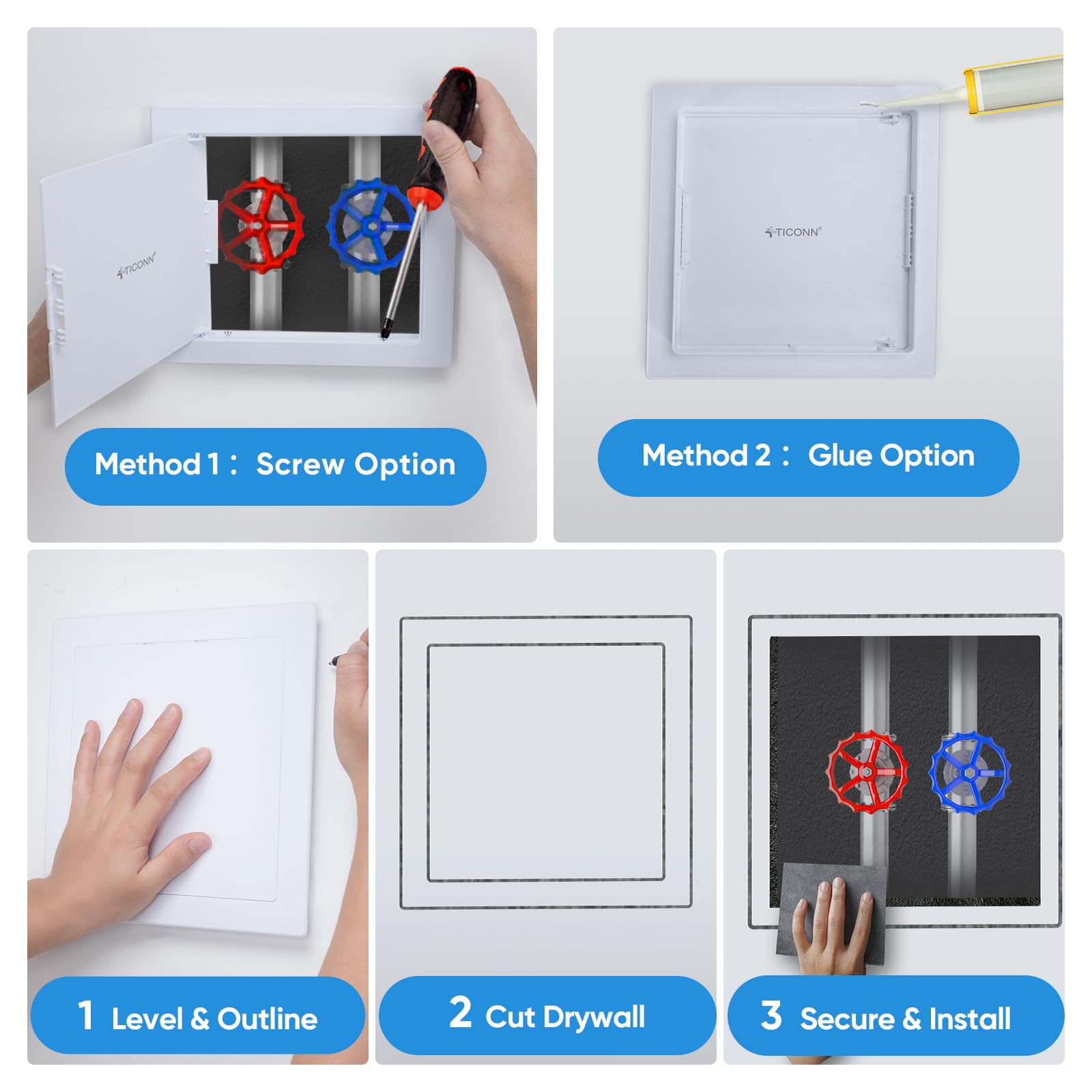 TICONN access panel conceals plumbing behind drywall for clean spaces