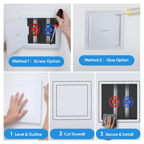 TICONN access panel conceals plumbing behind drywall for clean spaces