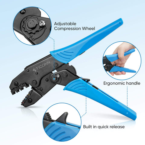 TICONN ratchet terminal crimper keeps wires steady with quick-release.