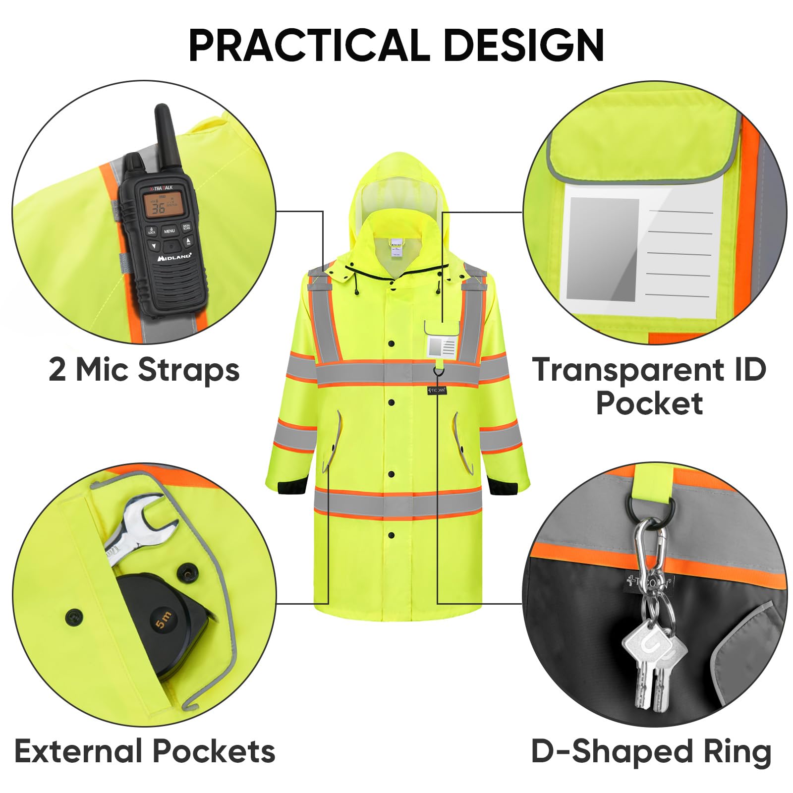 TICONN Reflective Rain Coat adjustable cuffs for a secure fit