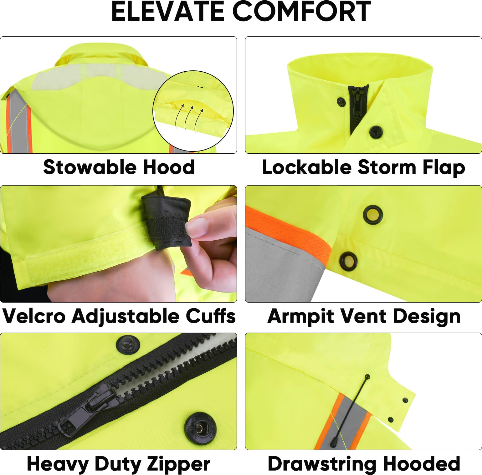 TICONN Reflective Rain Coat zipper and D-ring section for gear