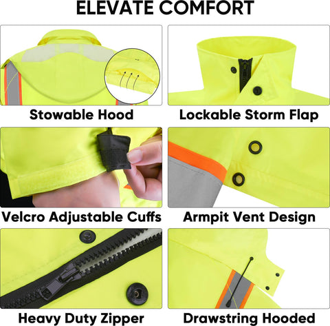 TICONN Reflective Rain Coat zipper and D-ring section for gear