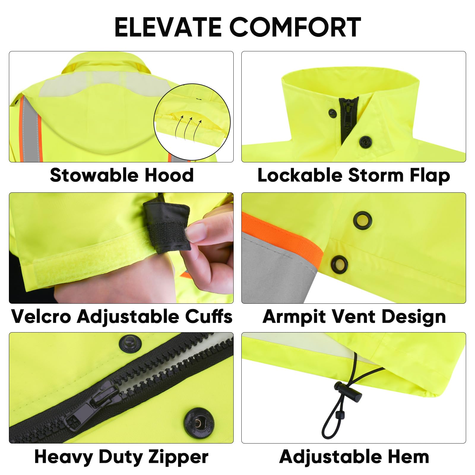 TICONN Reflective Rain Jacket adjustable cuffs and drawstring for a secure fit