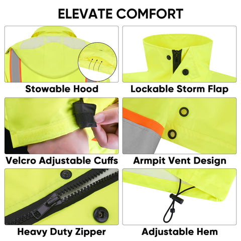 TICONN Reflective Rain Jacket adjustable cuffs and drawstring for a secure fit