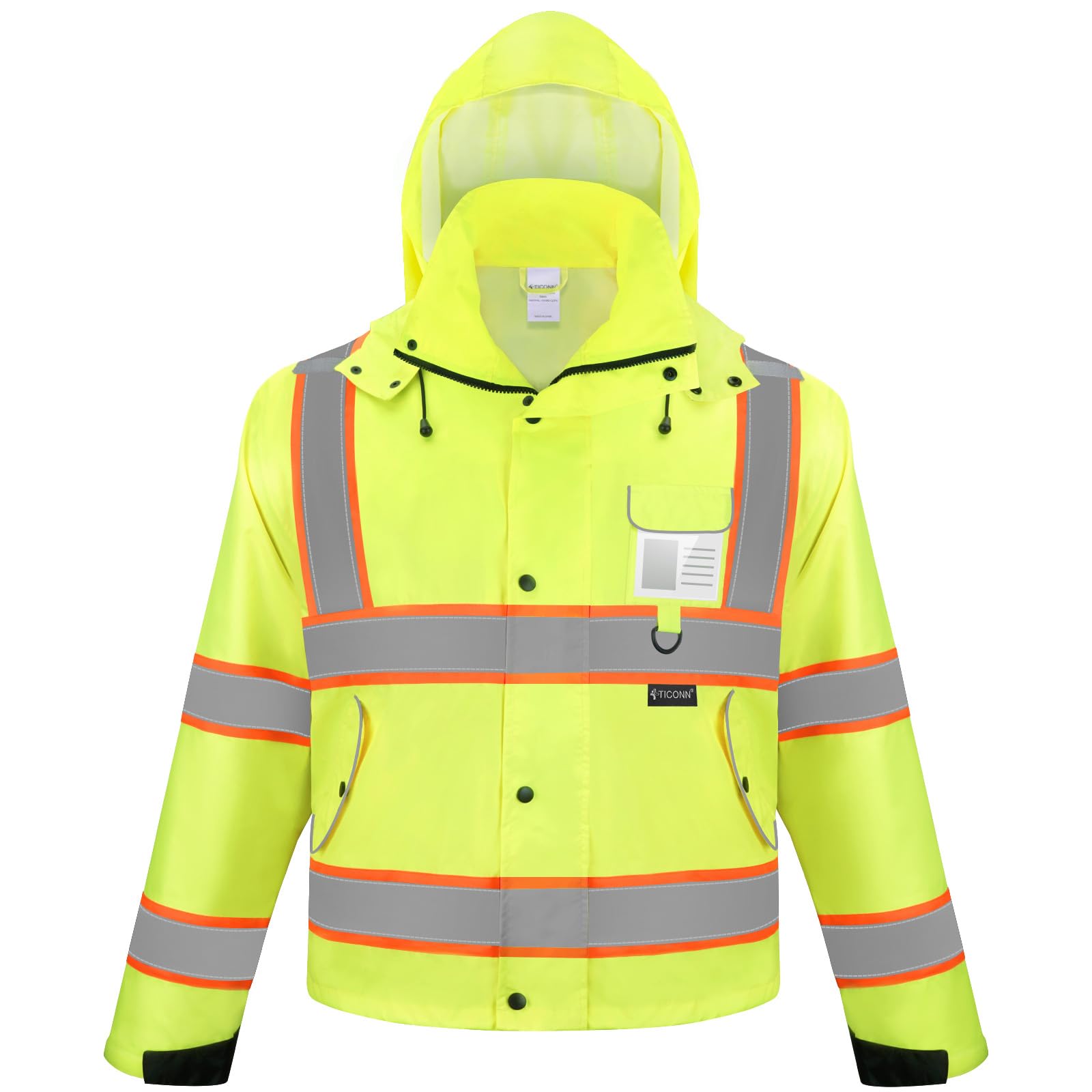 TICONN Reflective Rain Jacket front view with 360° visibility tape for safety