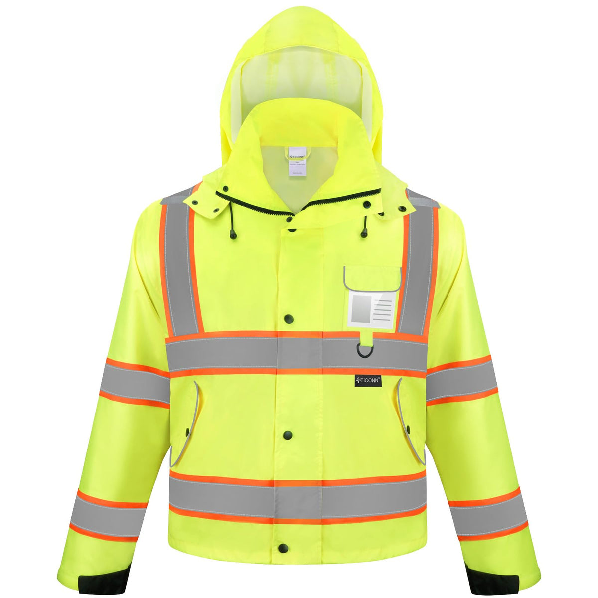 TICONN Reflective Rain Jacket front view with 360° visibility tape for safety