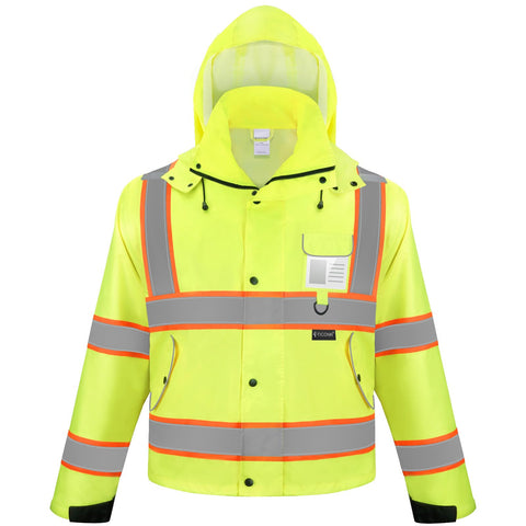 TICONN Reflective Rain Jacket front view with 360° visibility tape for safety
