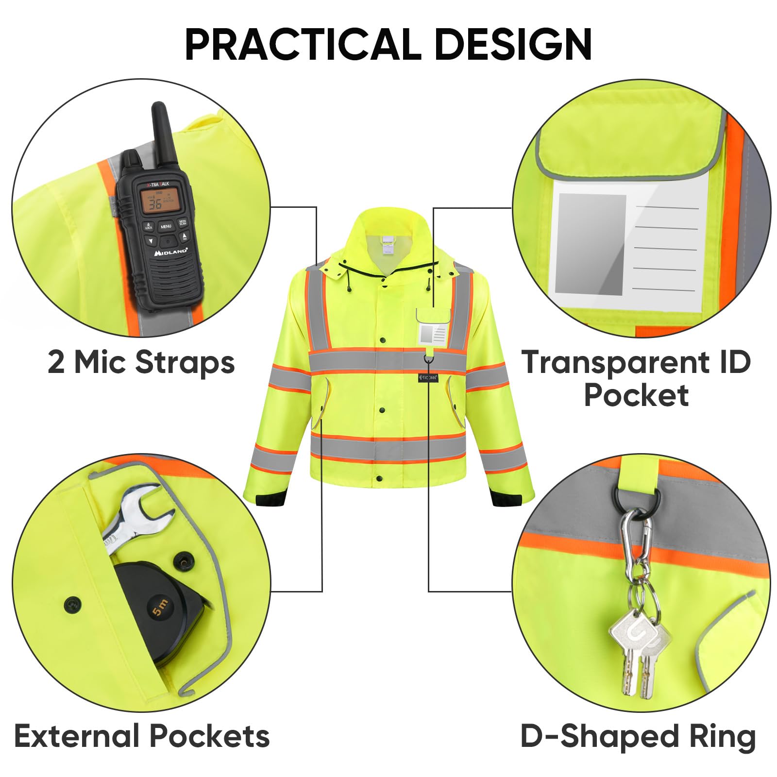 TICONN Reflective Rain Jacket ID pocket and D-ring for identification and hanging
