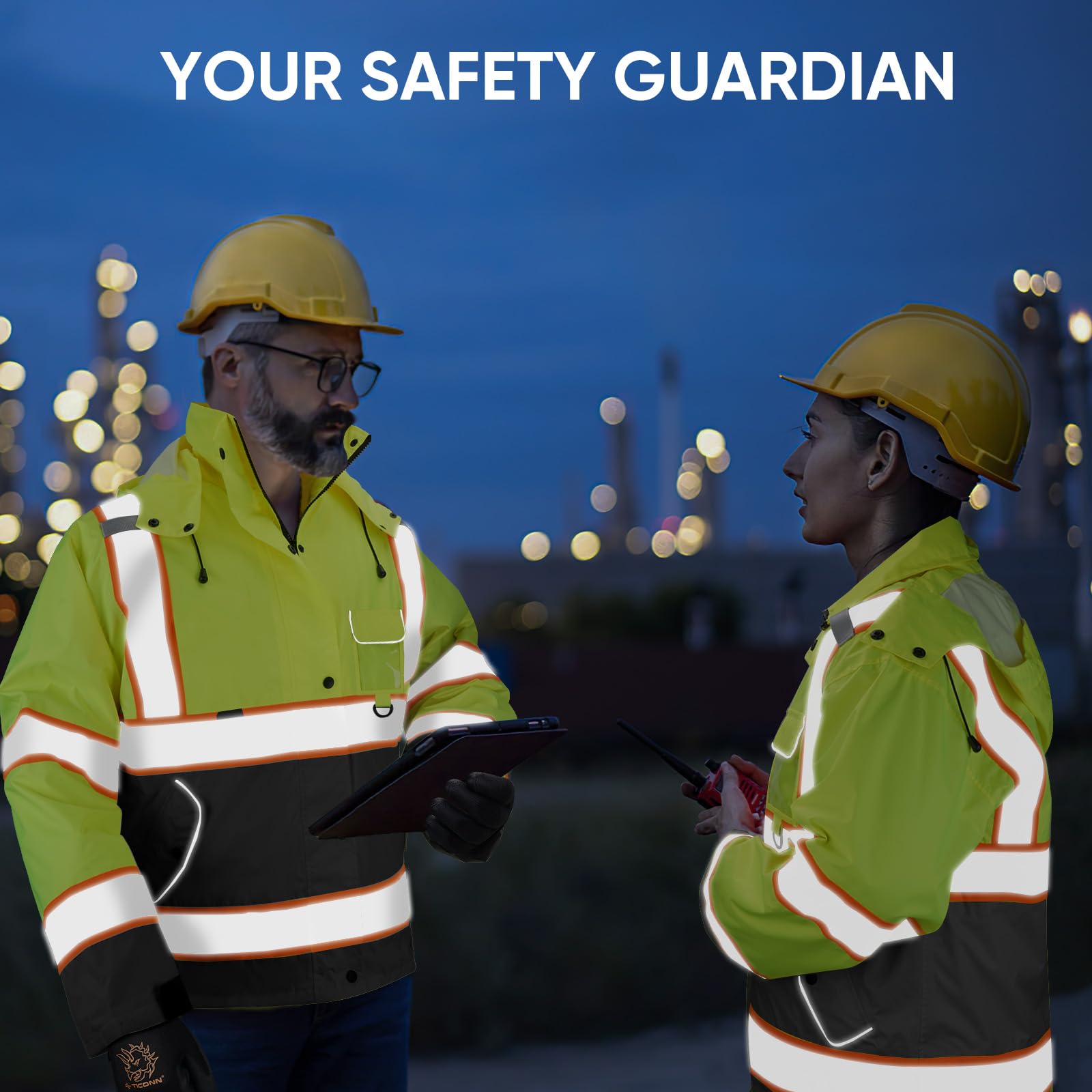 TICONN Reflective Rain Jacket in use at a worksite demonstrates high visibility