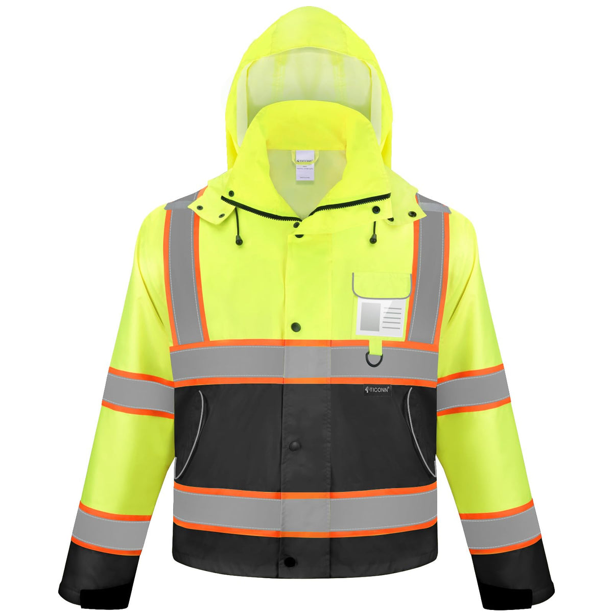 TICONN Reflective Rain Jacket front view shows yellow and black high-vis design for visibility