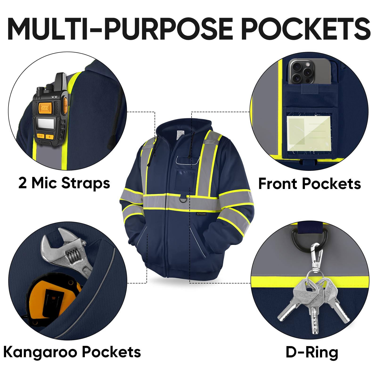 TICONN safety hoodie with zippered hood detail for weather protection