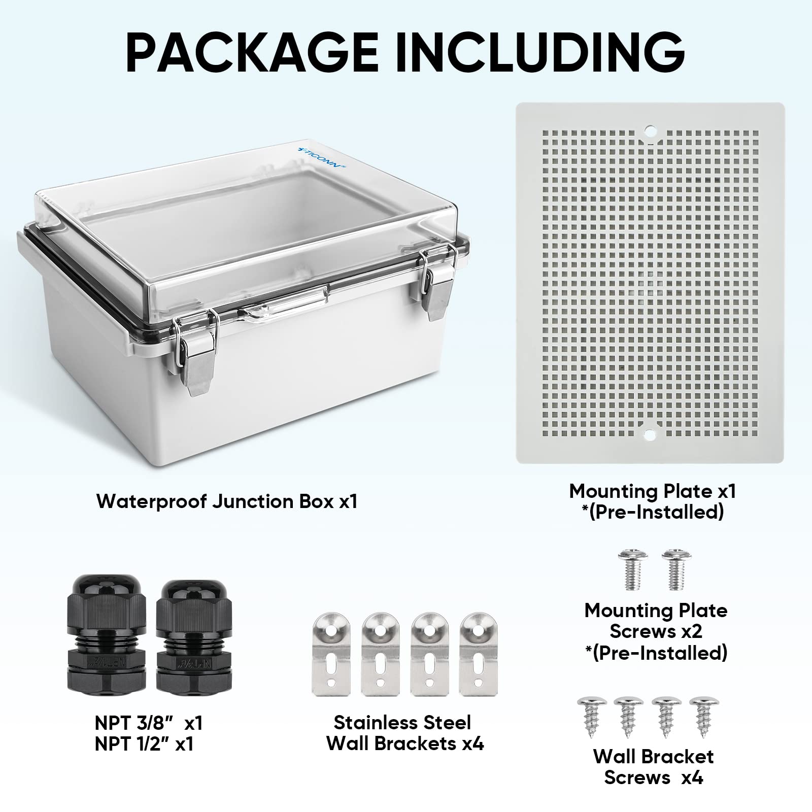 TICONN stainless steel latches improve durability and closure reliability.