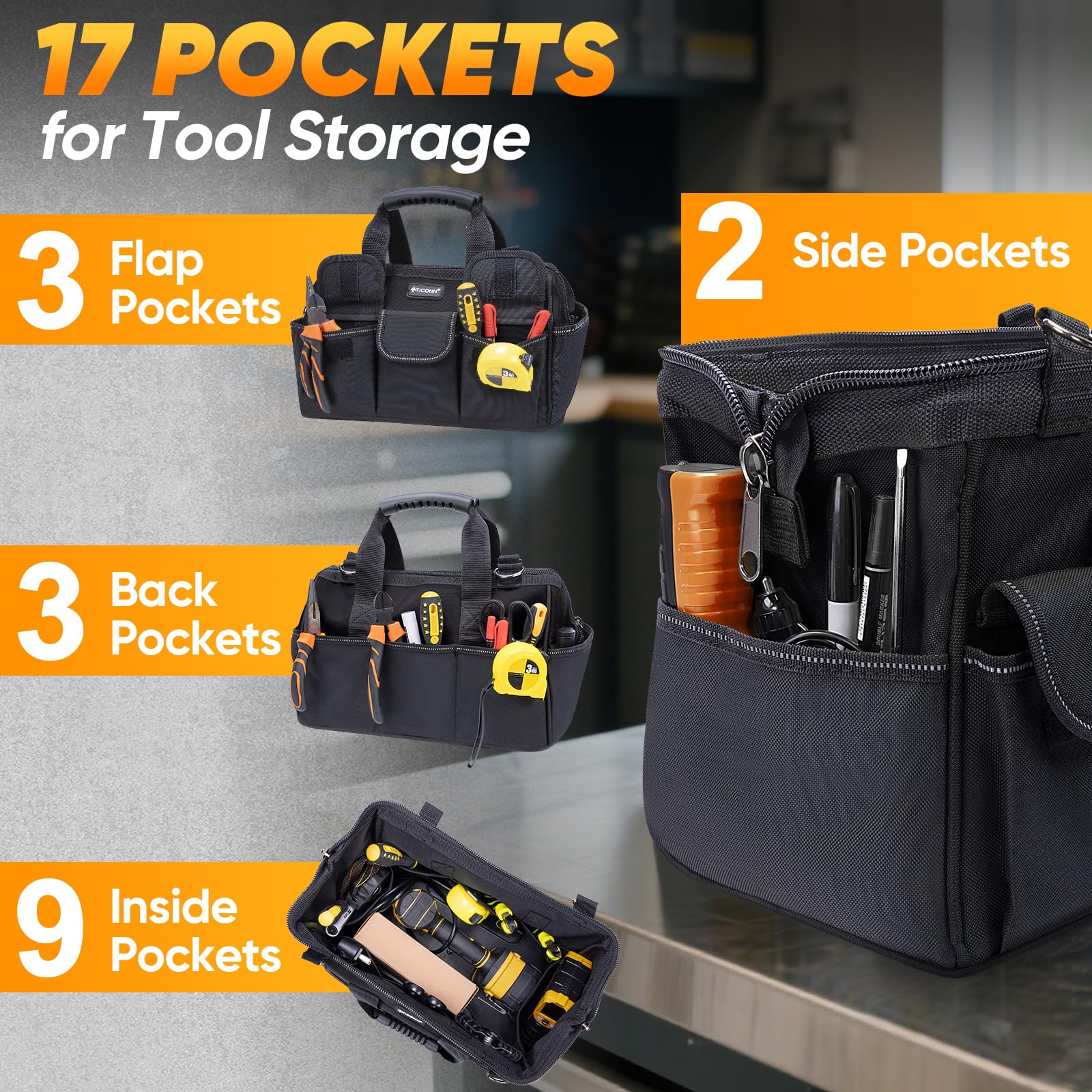 TICONN tool bag with adjustable shoulder strap for comfortable carrying of heavy tools.