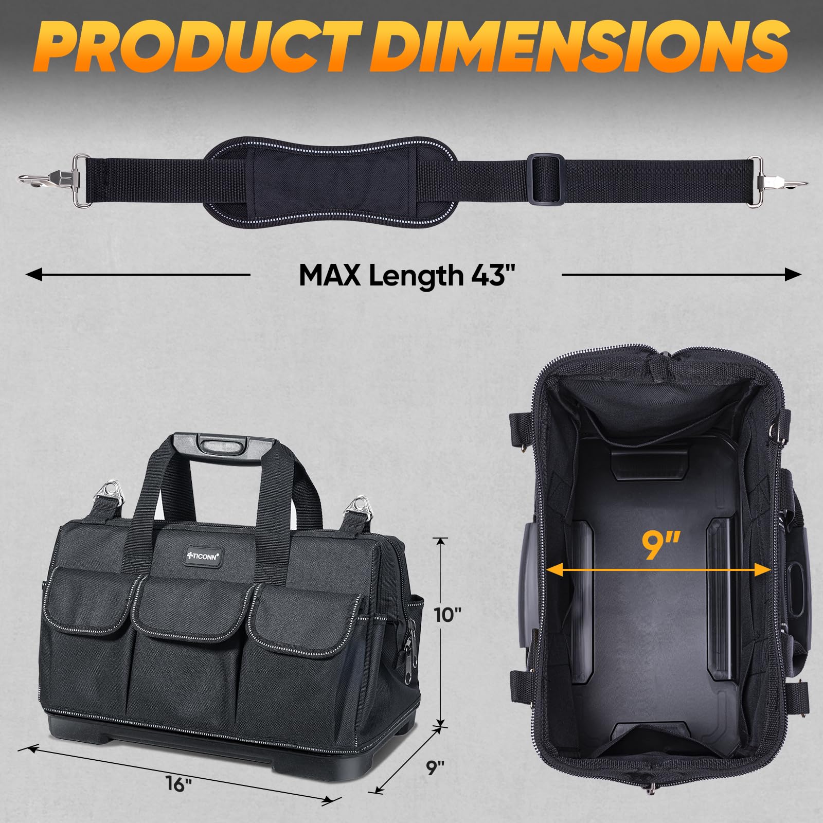 TICONN bag shows ergonomic handle and padded shoulder strap for comfortable carry.
