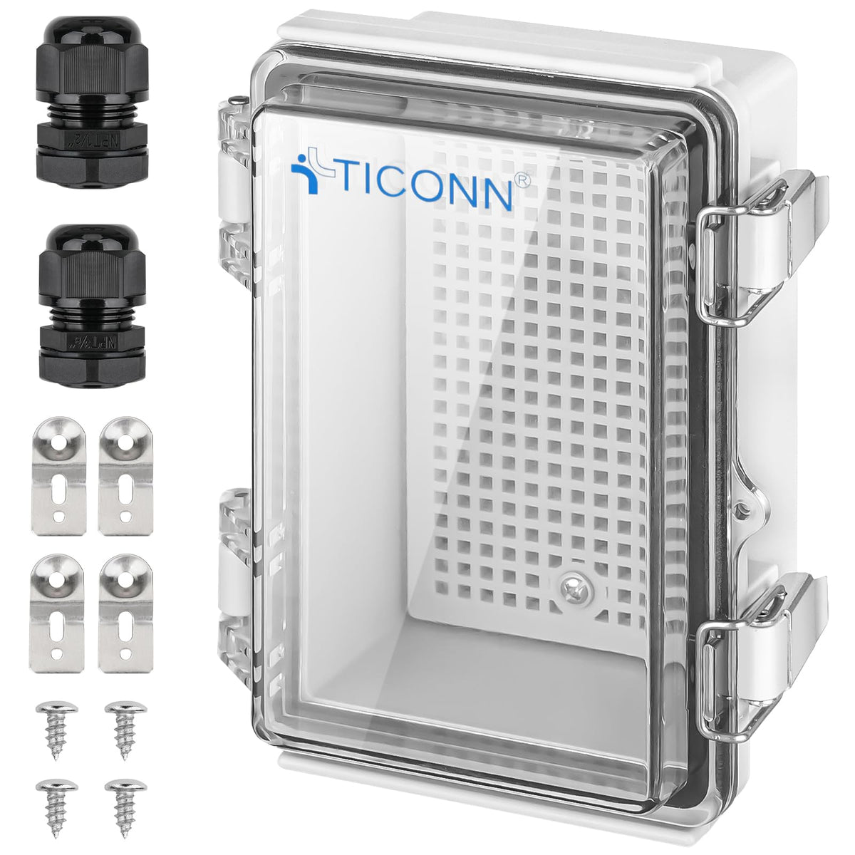 TICONN waterproof junction box front view with clear lid for outdoor reliability