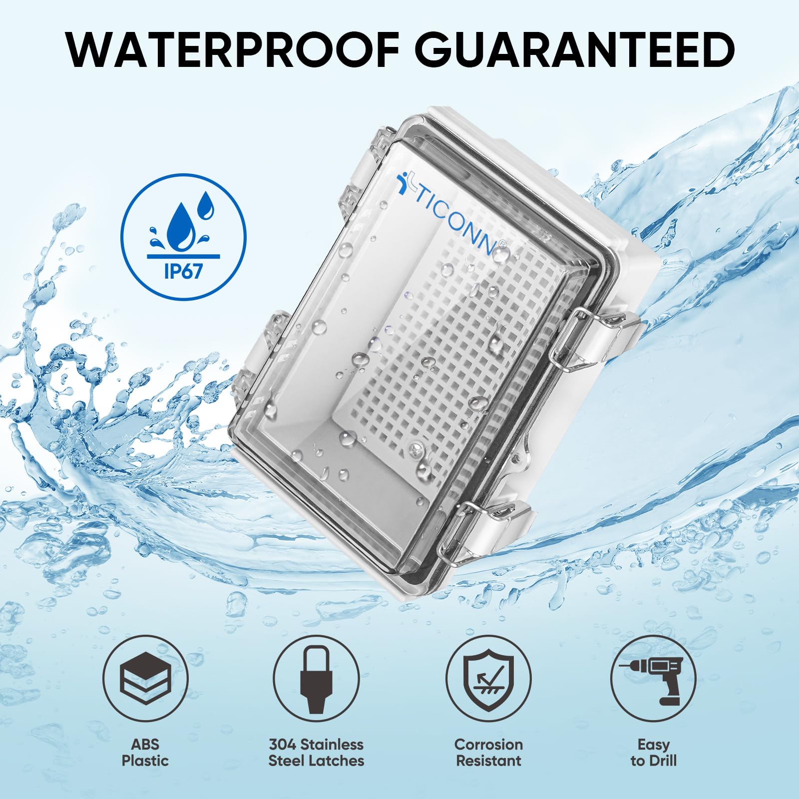 TICONN waterproof junction box side view highlighting rugged ABS enclosure