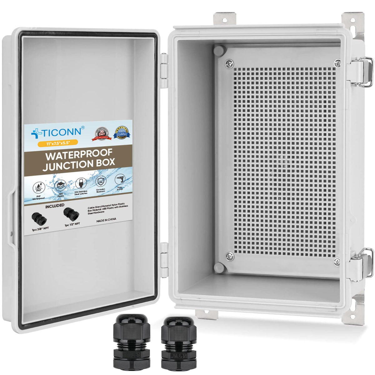 TICONN waterproof junction box with hinged cover for outdoor protection