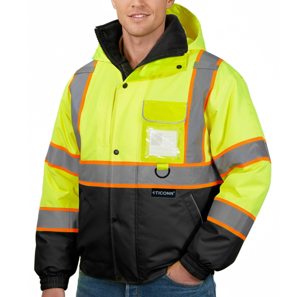 TICONN Waterproof Safety Bomber Jacket material shows tear-resistant fabric for rugged job-site use.