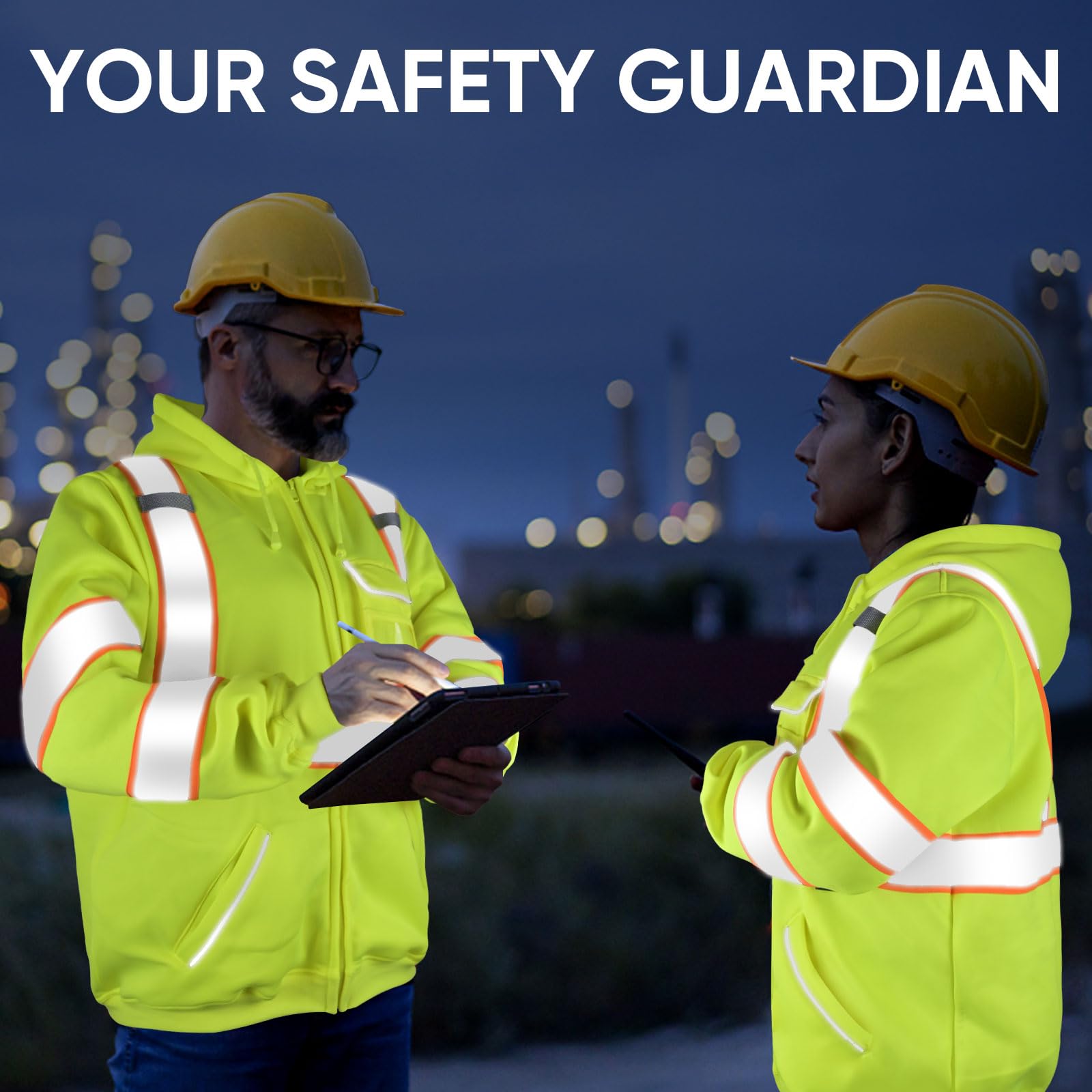 TICONN yellow safety hoodie worn by model for everyday work and outdoor use.
