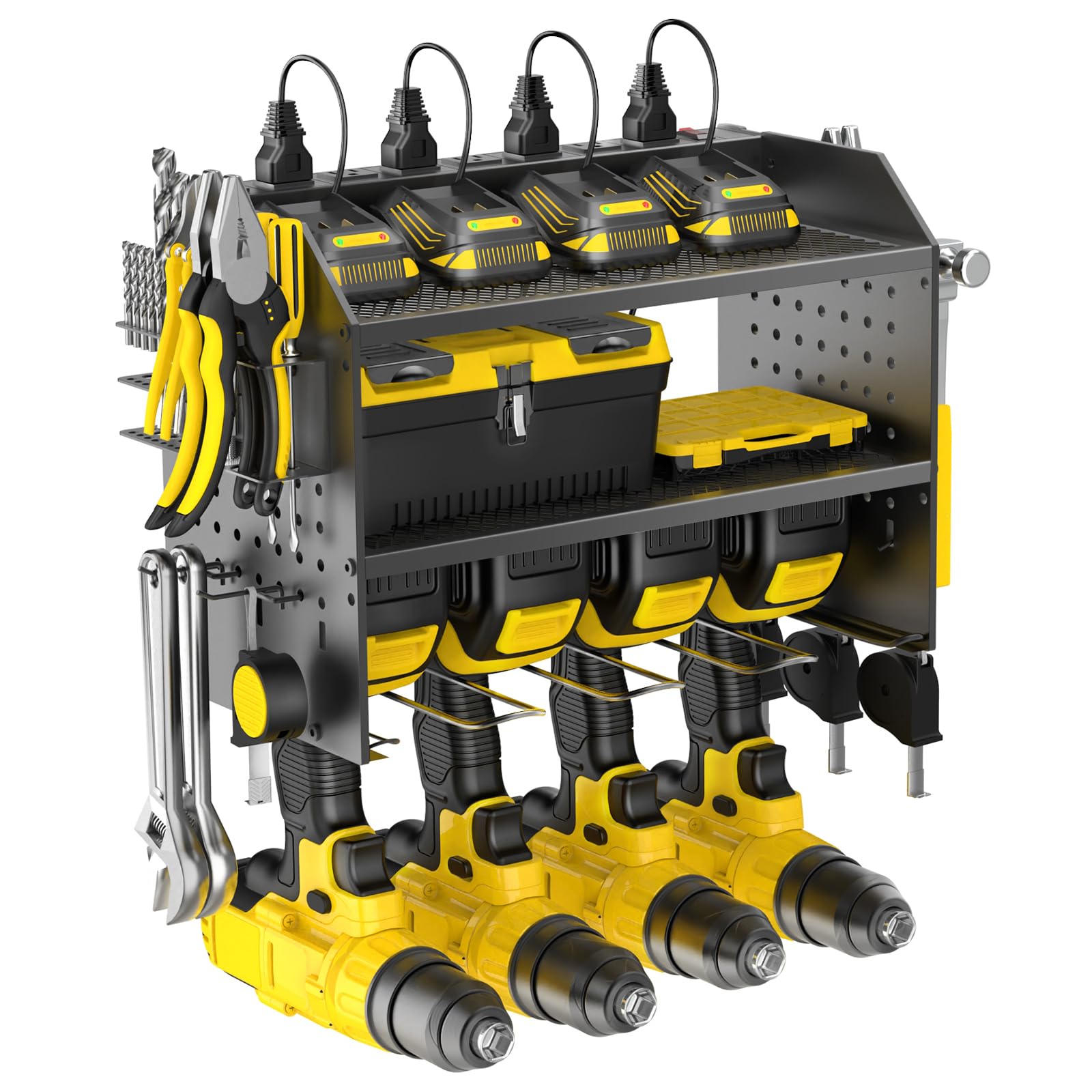 Tidjani power tool organizer wall mount with charging station keeps drills powered and organized.