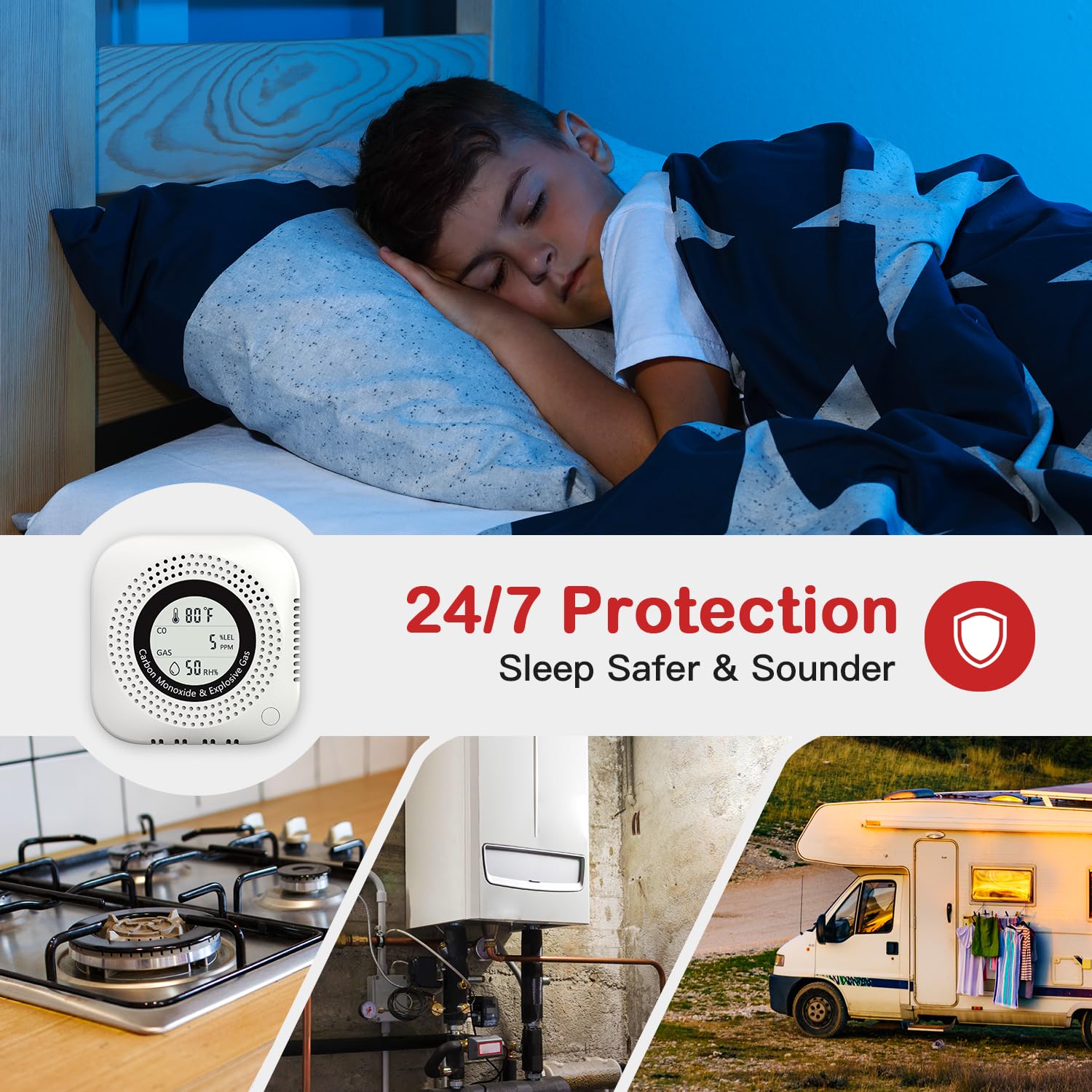 TIDOOS 4-in-1 CO detector in RV with compact setup for road trips