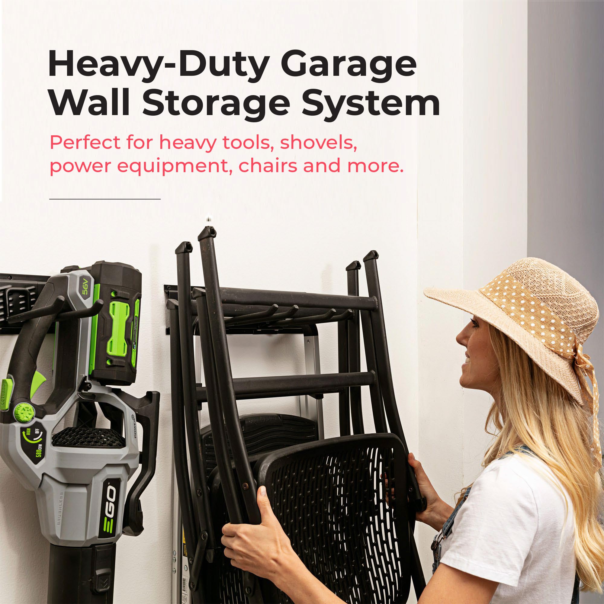 TIDYME organizer supports up to 600 lbs, ideal for shovels, tools, and power tools.