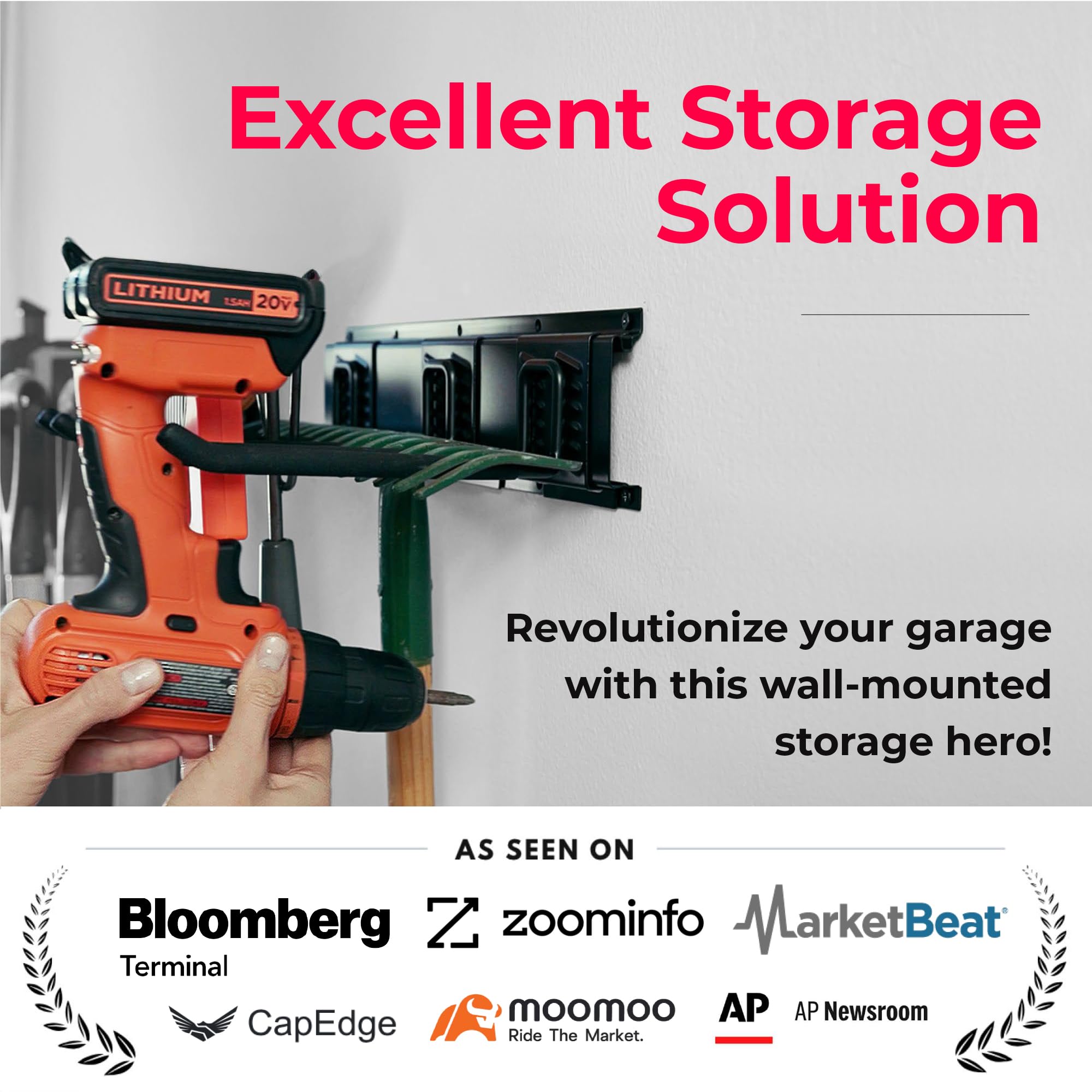 TIDYME adjustable hooks on the wall rack enable flexible tool hanging.