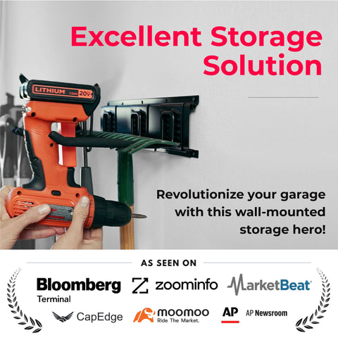 TIDYME adjustable hooks on the wall rack enable flexible tool hanging.