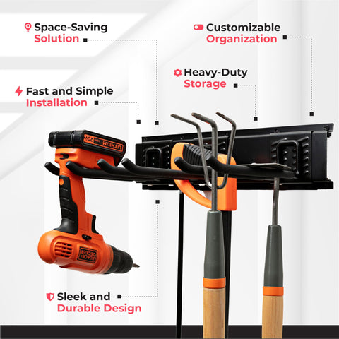 TIDYME adjustable hooks system lets you customize tool placement for quick access.