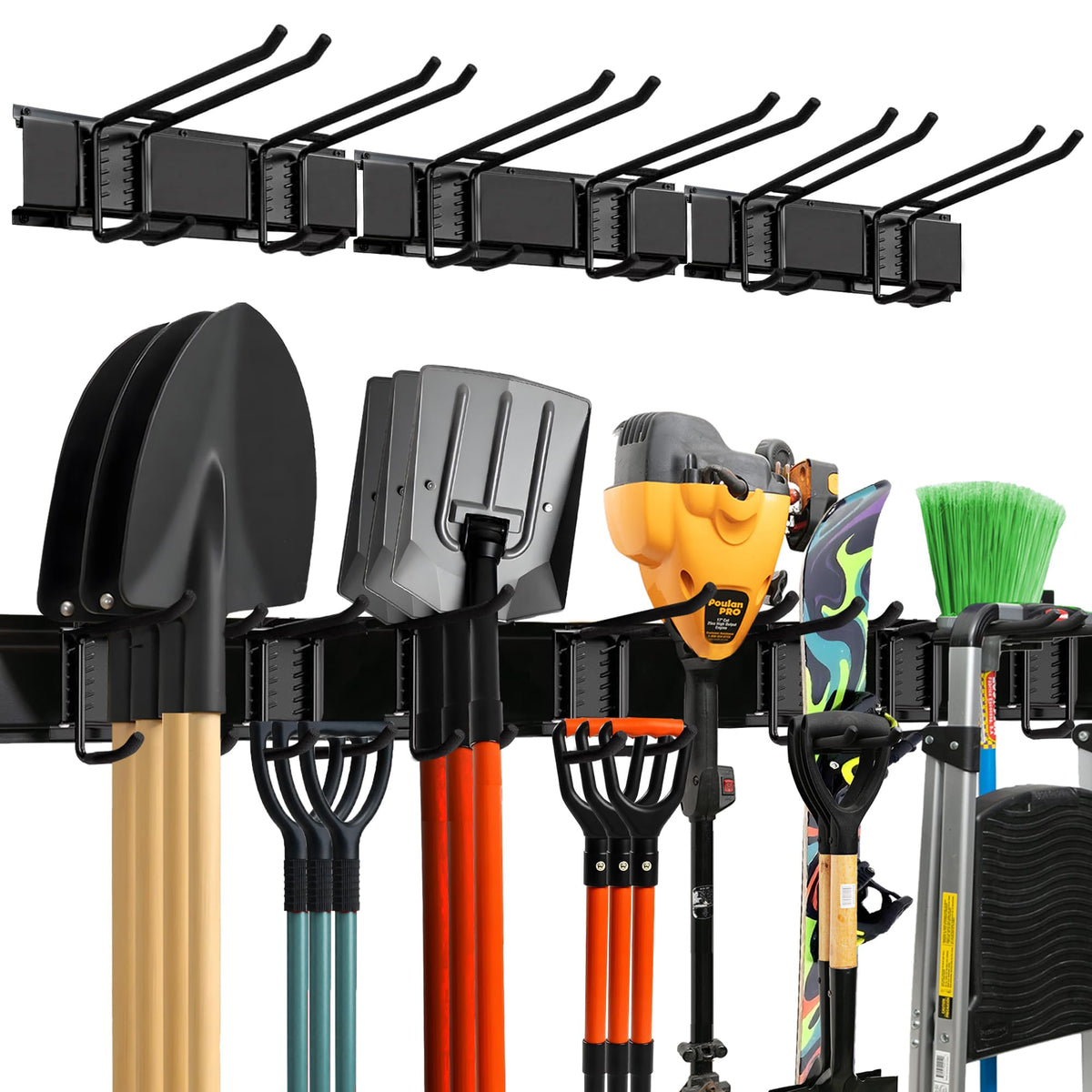 TIDYME garage wall organizer front view with double hooks for quick access to tools.