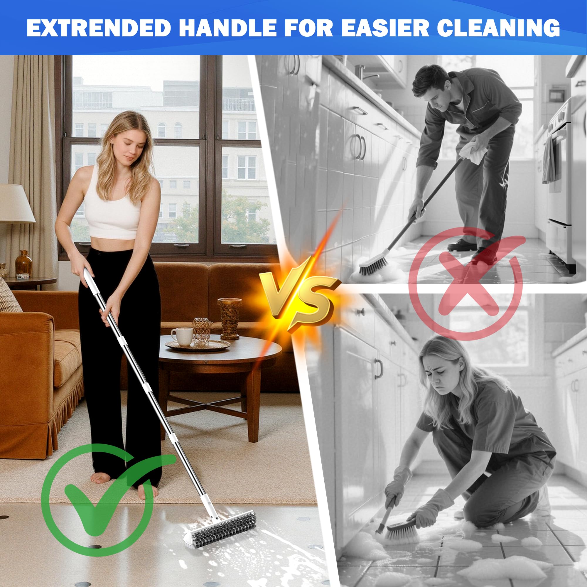 TidyTale grout brush stainless steel pole resists bending for steady scrubbing.