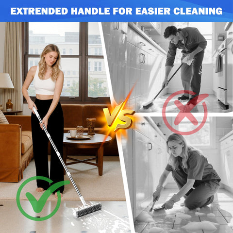 TidyTale grout brush stainless steel pole resists bending for steady scrubbing.