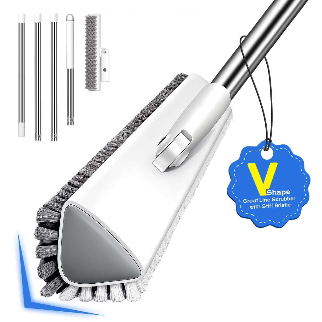 TidyTale grout brush with v-shape bristles tackles tight corner stains.