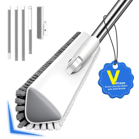 TidyTale grout brush with v-shape bristles tackles tight corner stains.