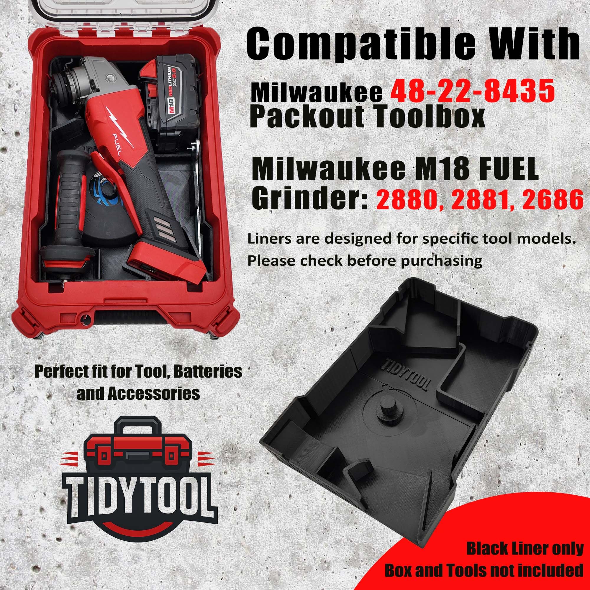 TidyTool liner designed for 2881-20 grinders keeps accessories neatly in reach.