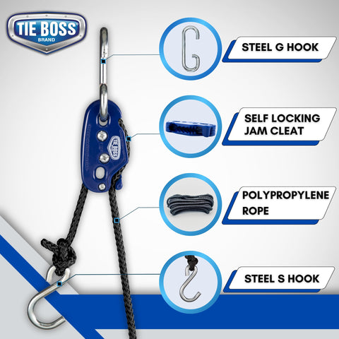 Tie Boss includes a 15 ft rope for immediate securing and hoisting tasks.
