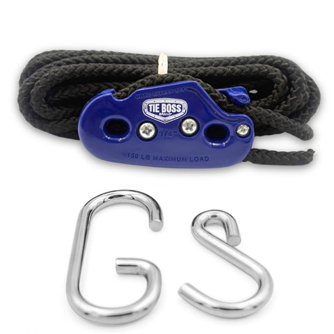 Tie Boss jam cleat system enabling constant tension without knot tying.