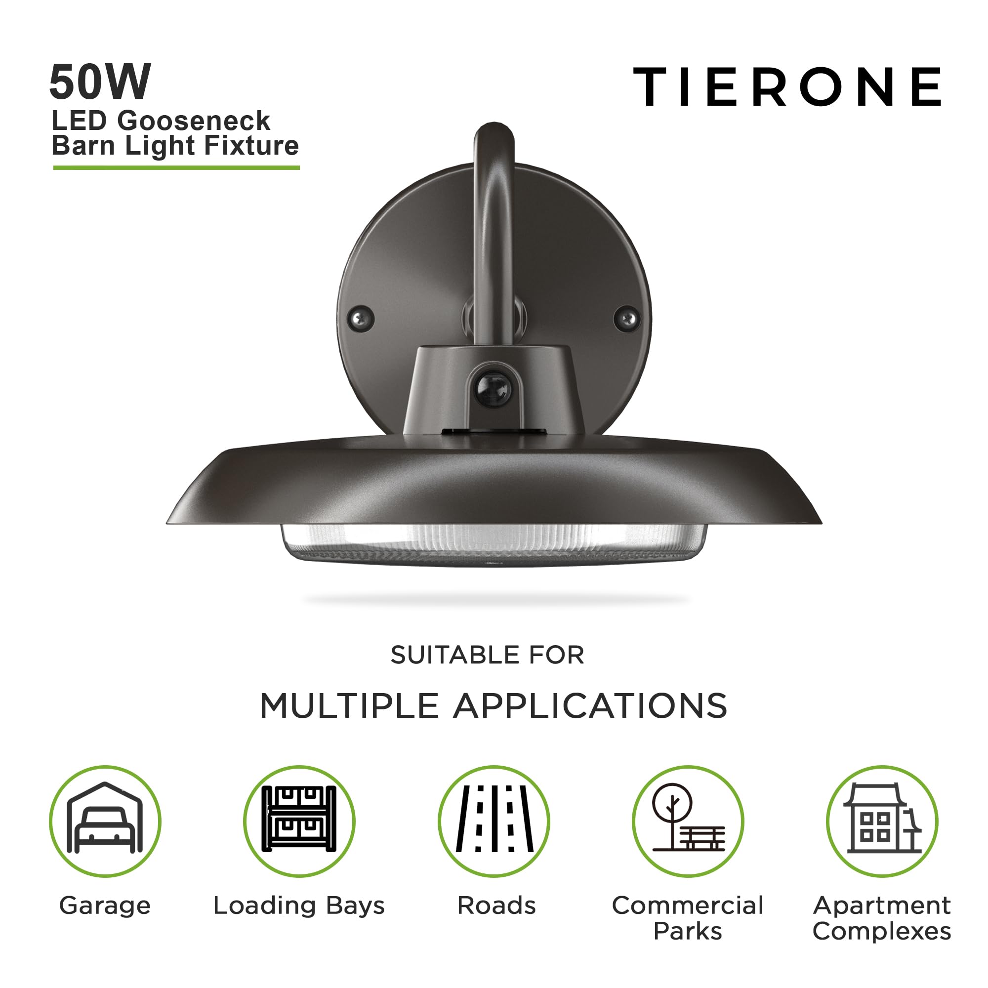 TierONE 10-inch gooseneck barn light wall-mount shows versatile outdoor mounting option.